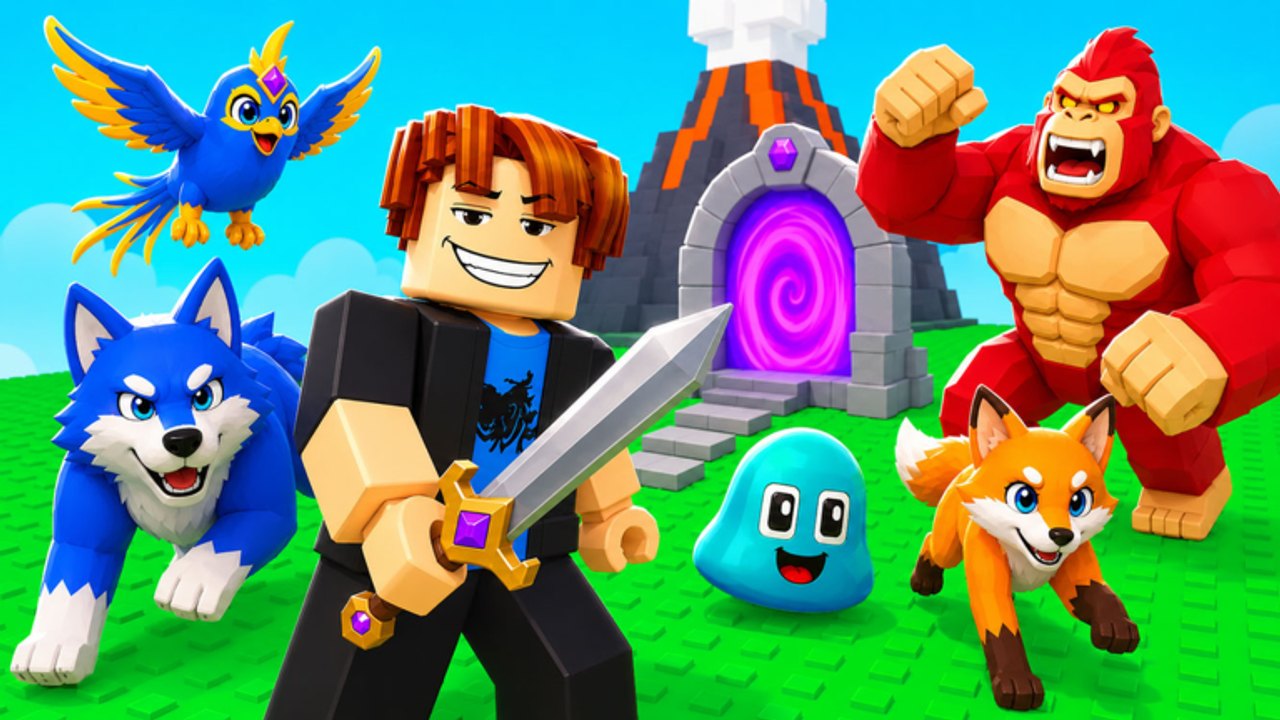 Sword Hunter hunter with a blue wolf, fox, slime, bird, and a purple portal